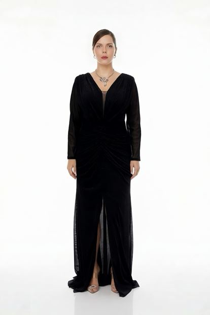 فستان سهرة أسود لامع مكشكش بمقاسات كبيرة